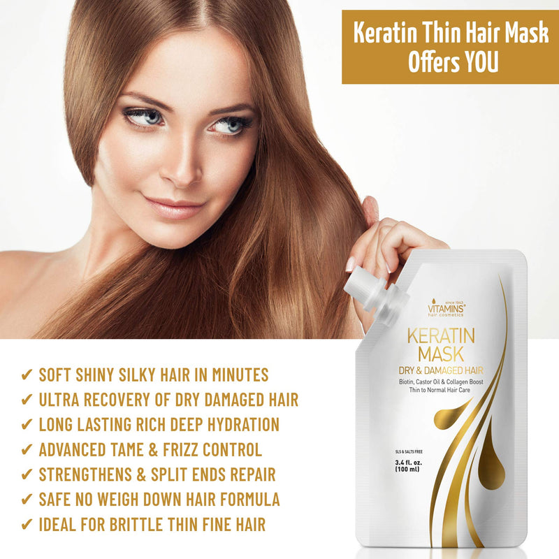 [Australia] - Vitamins Hair Mask Conditioner Keratin Treatment - Biotin Castor and Coconut Oil Deep Conditioning for Thin Fine Hair - Anti Frizz Moisturiser for Curly Straight Dry Damaged and Frizzy Hair 100 ml (Pack of 1) 
