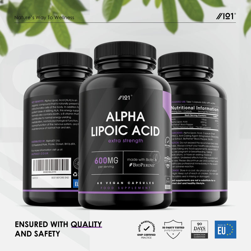 [Australia] - Alpha Lipoic Acid (ALA) 600mg - Made with Biotin & BioPerine® - 60 High Strength Capsules - Potent Amino Acids Supplement - Powerful Antioxidant - No Artificial Preservatives - Vegan, Non GMO. 