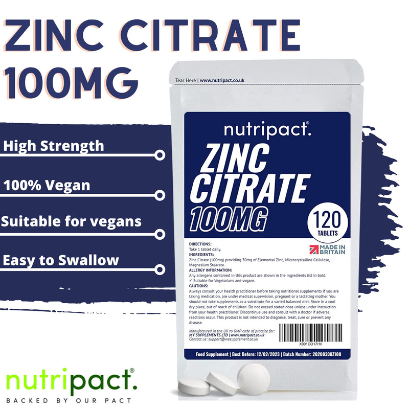[Australia] - Zinc Citrate 100mg Max Strength Tablets - 120 Pack - 4 Month Supply - Providing 30mg of Elemental Zinc (300% NRV) per Tablet - Vegan - Mineral Supplement - UK Made to GMP Standard 