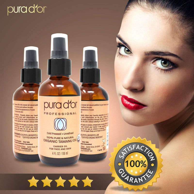 [Australia] - PURA D’OR Tamanu Oil (4oz / 118mL) USDA Organic Certified 100% Pure Natural Hexane Free Premium Grade Moisturizer - Helps Reduce Appearance of Scars from Psoriasis, Eczema & Acne (Packaging may vary) 