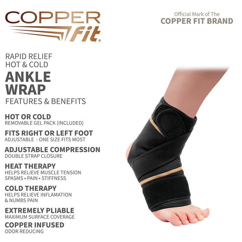 [Australia] - Copper Fit unisex adult Rapid Relief & Hot/Cold Ankle Foot Wrap with Hot Cold Pack, Black, One Size Fits Most US 