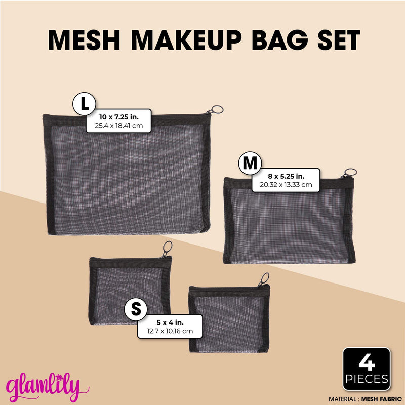 [Australia] - Mesh Makeup Bags Set, Zipper Pouches for Cosmetics (Black, 4 Pieces) 