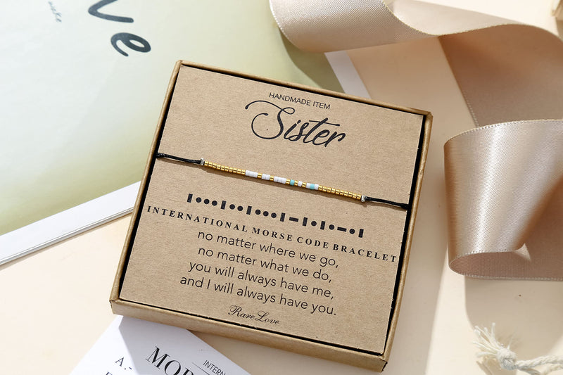 [Australia] - RareLove Sister Morse Code Beaded Bracelet Sister Birthday Gifts from Sister Long Distance Friendship Waterproof Gold Blue White Tiny Pony Seed Beads Black String 