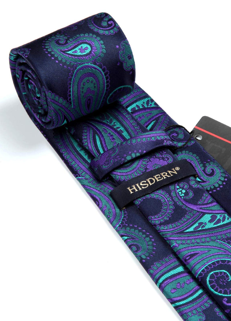 [Australia] - HISDERN Paisley Tie for Men Handkerchief Woven Classic Floral Men's Necktie & Pocket Square Set 01a-navy Blue & Green & Purple 8.5cm / 3.4 inches in Width 