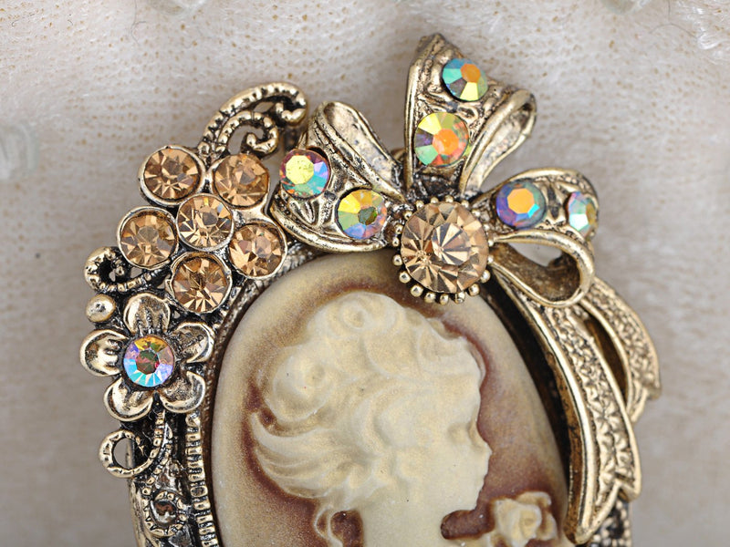[Australia] - Alilang Vintage Inspired Crystal Rhinestone Victorian Lady Cameo Brooch Pin Maiden Flower Ribbon Bow Pendant Gold 