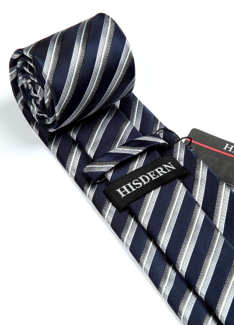 [Australia] - HISDERN Men's Striped Tie Woven Classic Necktie for Men With Pocket Square Set Formal Wedding 01-navy Blue & Silver 