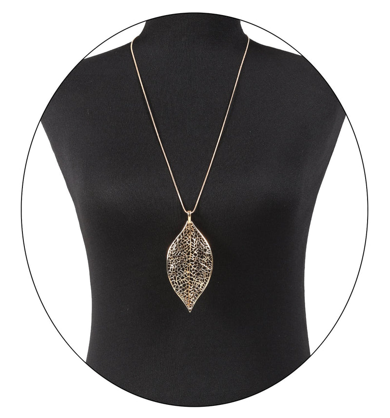 [Australia] - NLCAC Filigree Leaf Pedant Necklace Snake Chain Gorgeous Hollow Leaf Necklace for Women, Girls Gold Tone 