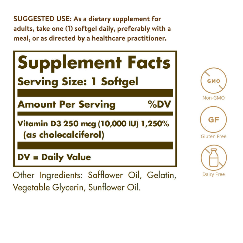 [Australia] - Solgar Vitamin D3 (Cholecalciferol) 250 MCG (10,000 IU), 120 Softgels - Helps Maintain Healthy Bones & Teeth - Immune System Support - Non GMO, Gluten Free, Dairy Free - 120 Servings 120 Count (Pack of 1) 