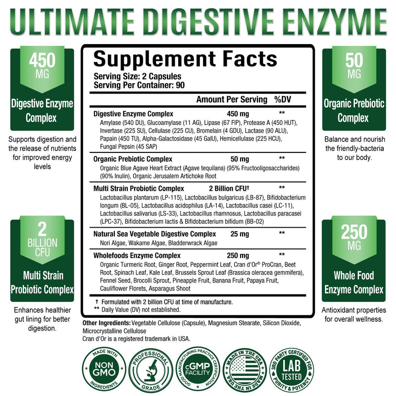 [Australia] - Premium Digestive Enzymes Plus Prebiotics & Probiotics - Digestive Enzyme Supplement for Better Digestion, Immune Support, and Nutrient Absorption - Gas, Constipation & Bloating Relief - 180 Capsules 