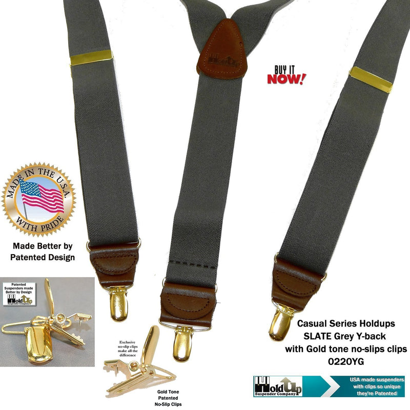 [Australia] - Holdup Suspender Company Slate Grey Men's Y-back Clip-on Suspenders in 1 1/2" width featuring Patented No-slip Gold-Tone Clips 