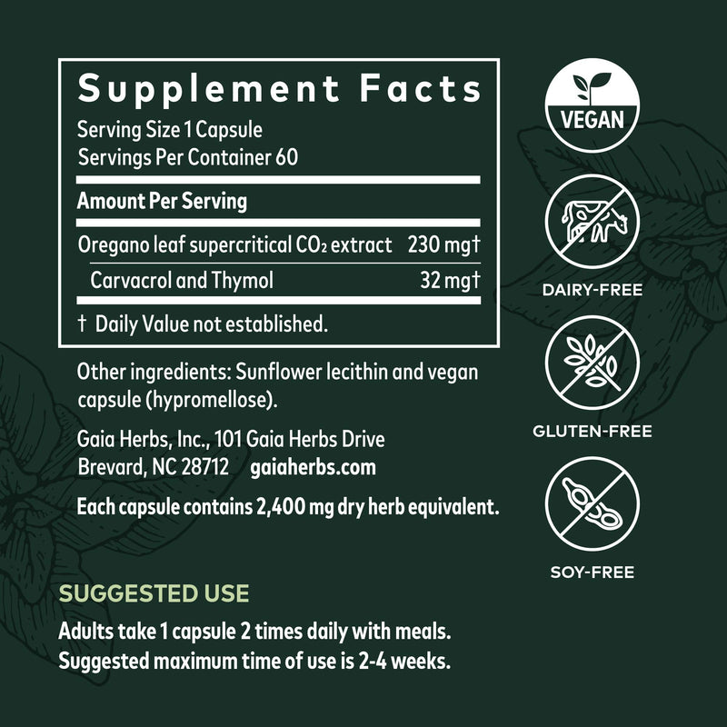 [Australia] - Gaia Herbs Oil of Oregano - Immune and Antioxidant Support Supplement to Help Sustain Overall Well-Being - with Oregano Oil, Carvacrol, and Thymol - 60 Vegan Liquid Phyto-Capsules (30-Day Supply) 