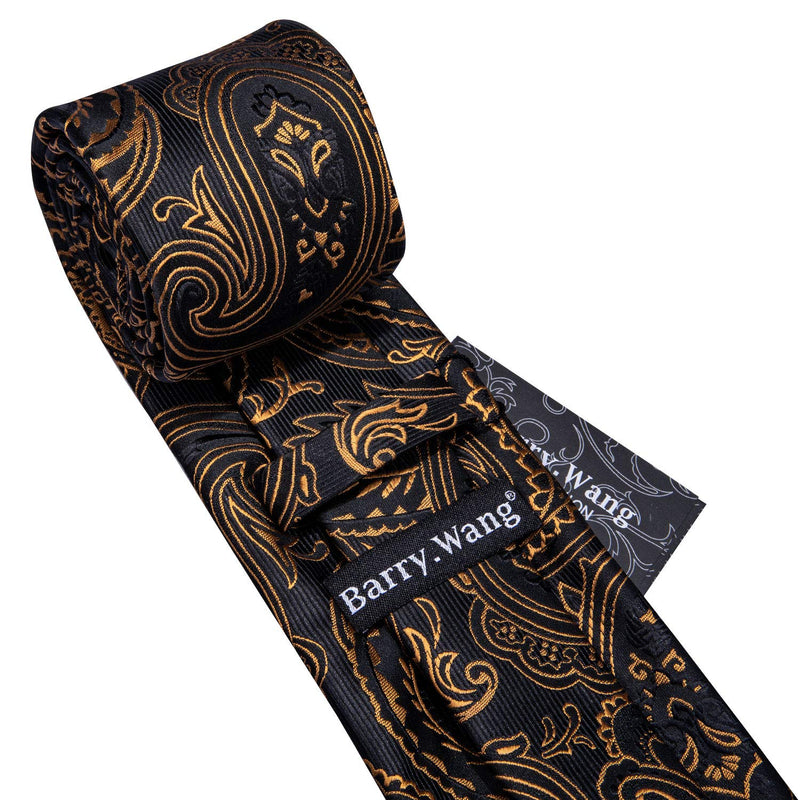 [Australia] - Barry.Wang Paisley Tie Fashion Set Hanky Cufflinks Neckties for Men Woven Silk Ablack and Orange 