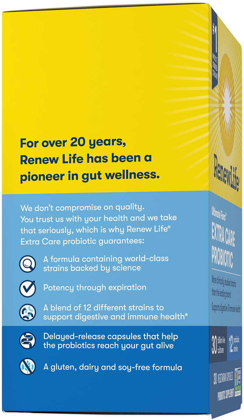 [Australia] - Renew Life Probiotics 30 Billion CFU Guaranteed, 12 Strains, For Men & Women, Shelf Stable, Gluten Dairy & Soy Free, 30 Capsules, Ultimate Flora Extra Care - 60 Day Money Back Guarantee 30 Count (Pack of 1) 