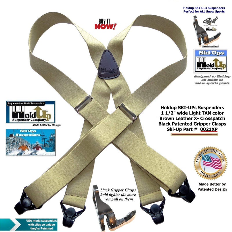 [Australia] - Holdup Brand Light Tan Snow Ski Suspenders in 1 1/2" width and X-back style with black Patented Gripper Clasp 