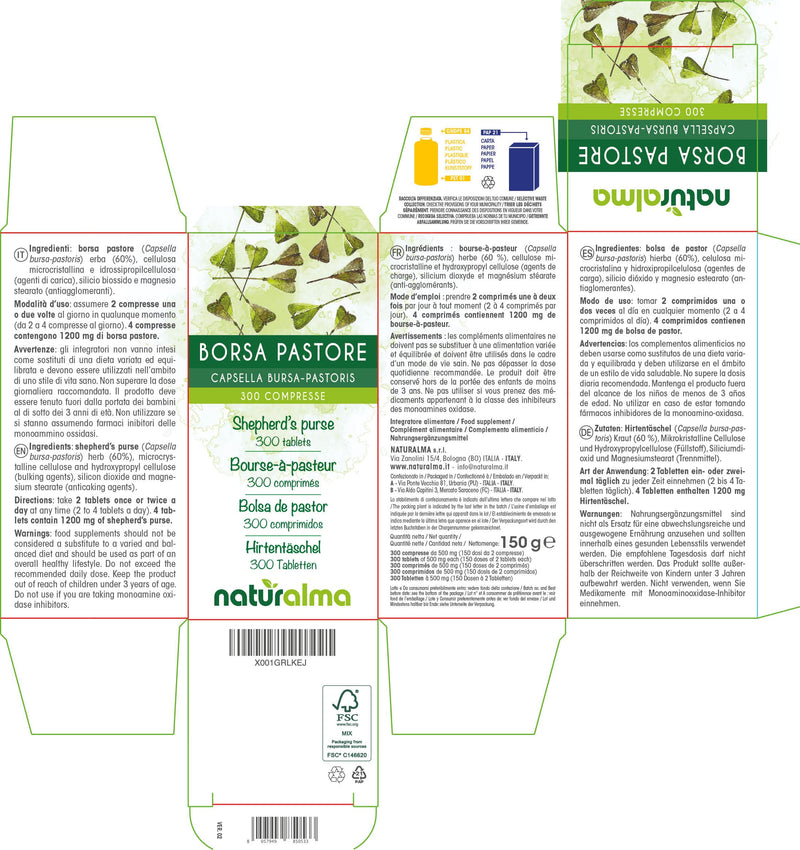 [Australia] - Shepherd’s Purse (Capsella Bursa-pastoris) herb NATURALMA | 150 g | 300 Tablets of 500 mg | Food Supplement | Natural and Vegan 