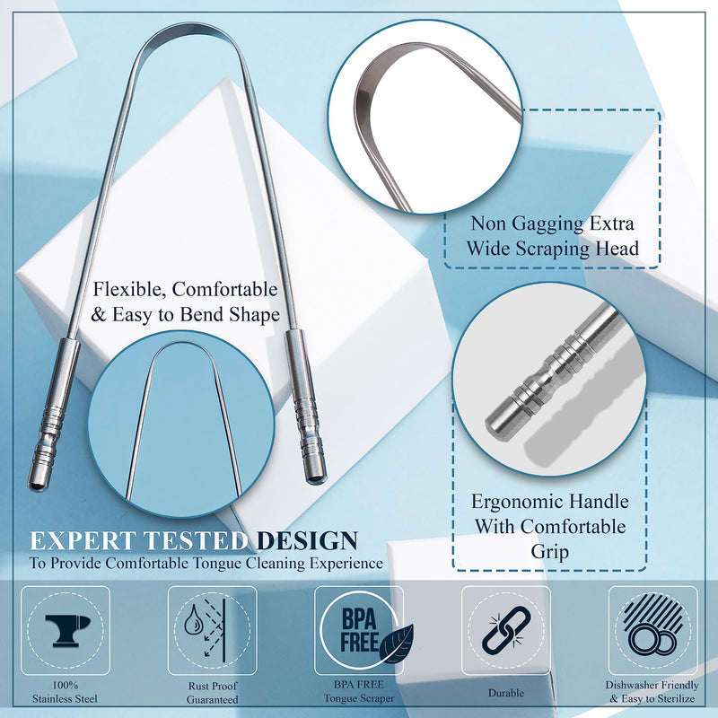 [Australia] - MasterMedi Tongue Scraper with Travel Case (2 Pack), Bad Breath Treatment Tongue Scraper for Adults, Medical Grade 100% Stainless Steel for Oral Care, Easy to Use Tongue Cleaner for Hygiene 2 Count (Pack of 1) 