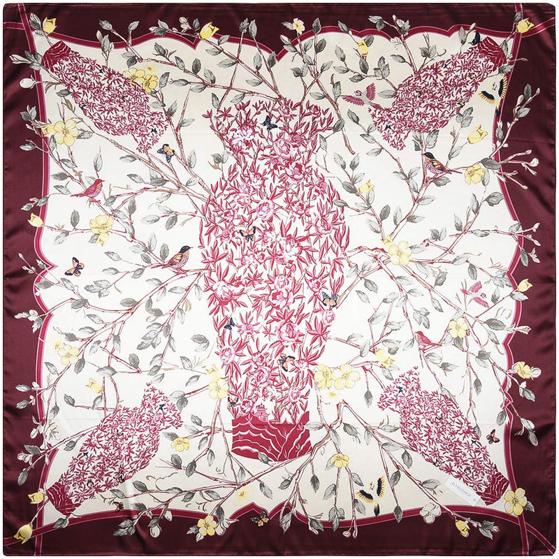 [Australia] - Corciova Square Stain Silk Like Hair Wrapping Scarves Night Sleeping Head Scarf 370 Burgundy Branches Birds Flowers 