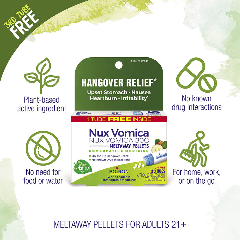 [Australia] - Boiron Nux Vomica 30C, 3 Tubes (80 Pellets per Tube), Homeopathic Medicine for Hangover Relief 