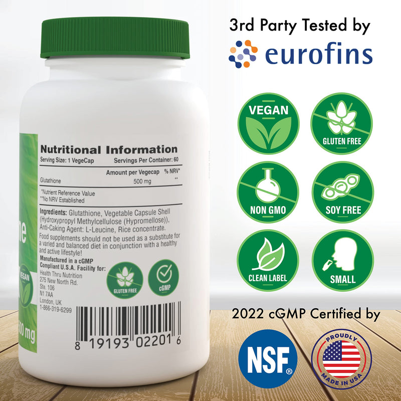 [Australia] - Health Thru Nutrition Glutathione Reduced 500mg | for Radiant Skin, Liver Support & Natural Detox | Vegan, Fermented, Non-GMO, Soy Free & Gluten Free Antioxidant Supplement - 60 Caps 