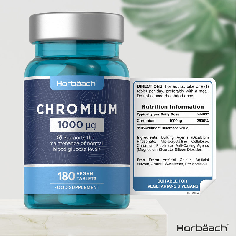 [Australia] - Chromium Picolinate 1000mcg | 180 Tablets | Supplement for Vegans & Vegetarians | Supports Normal Blood Sugar Levels | No Artificial Preservatives| by Horbaach 