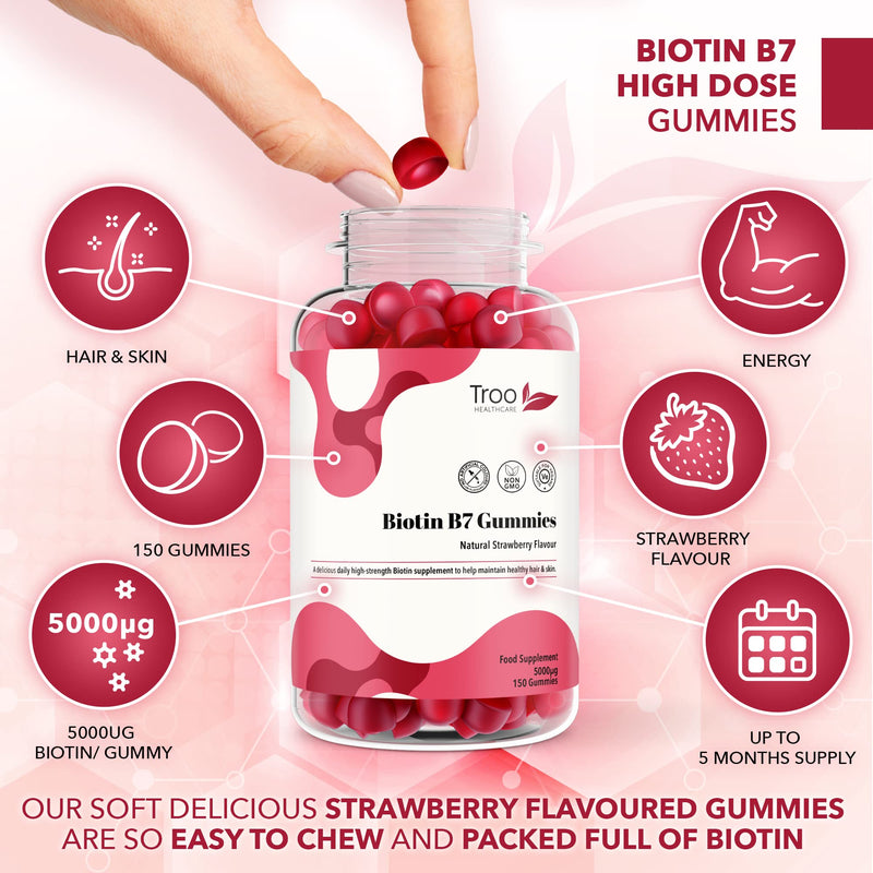 [Australia] - Biotin 5000mcg Hair, Skin and Nail Growth Support Gummy Supplement - 150 Natural Strawberry Flavour Chewable Gummies - 5 Months Supply � Vegan Friendly � For Men and Women 
