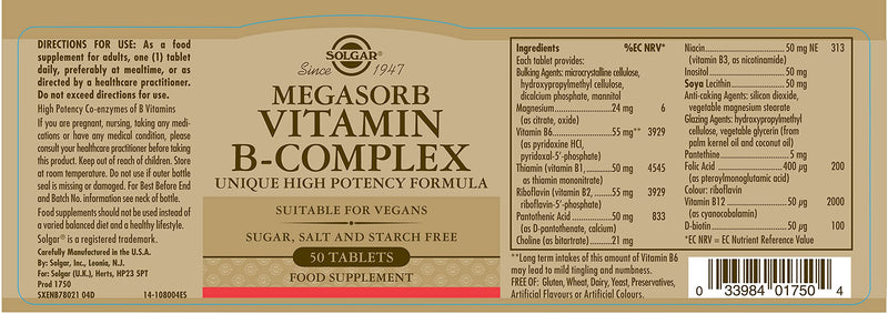 [Australia] - Solgar Megasorb Vitamin B-Complex Tablets - Pack of 50 - High Potency and Absorption - Improved Energy and General Vitality - Vegan and Gluten Free Unflavoured 60 g (Pack of 1) 