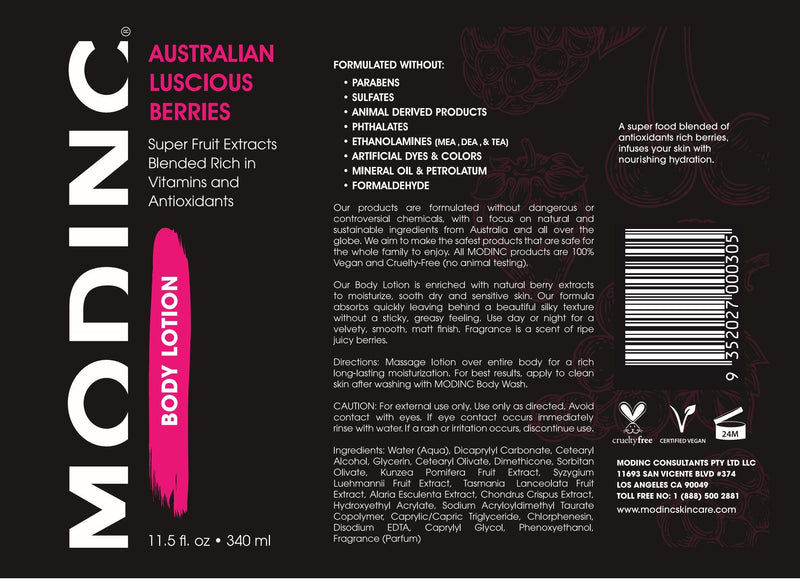 [Australia] - Modinc Luxury Body Lotion Australian Luscious Berries Formula, Hydration Blend, Vegan, Cruelty Free, Pump, 11.5 Ounces 