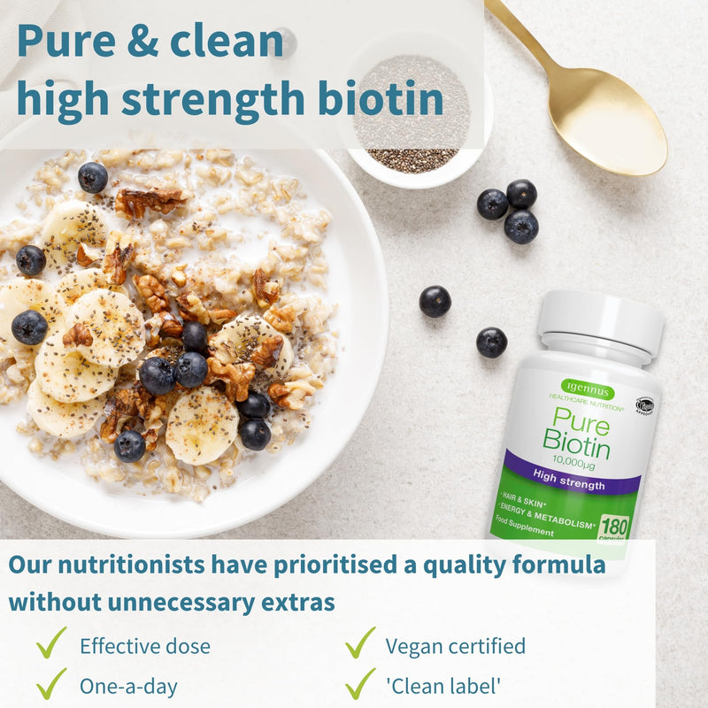 [Australia] - Pure Biotin 10,000 mcg, D-Biotin, Clean Ingredients, 1-a-Day, 180 Capsules, Lab Verified, Vegan & Hypoallergenic, Supplement for Hair Growth, Skin & Energy, by Igennus 