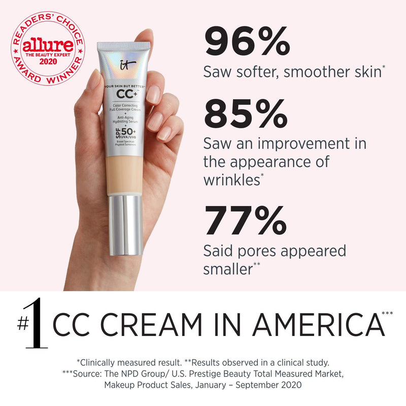 [Australia] - IT Cosmetics Your Skin But Better CC+ Cream, Medium Tan (W) - Color Correcting Cream, Full-Coverage Foundation, Hydrating Serum & SPF 50+ Sunscreen - Natural Finish - 1.08 fl oz 