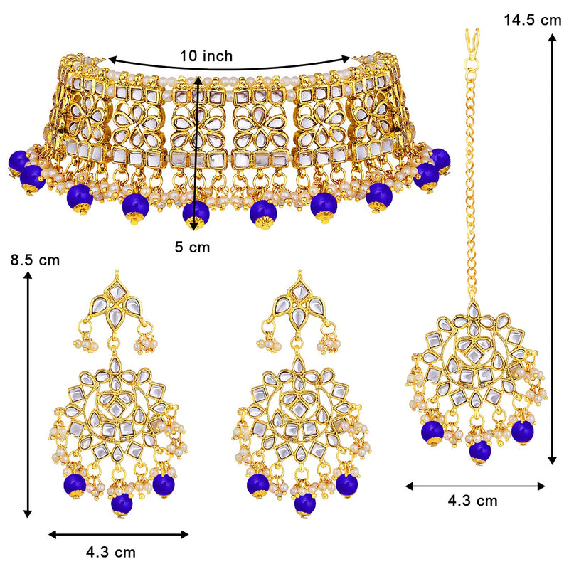 [Australia] - Aheli Elegant Indian Wedding Wear Faux Kundan Studded Choker Necklace with Maang Tikka Set Ethnic Fashion Jewelry for Women Blue 