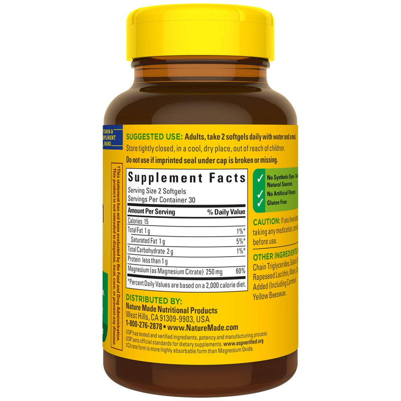 [Australia] - Nature Made Magnesium Citrate 250 mg, Dietary Supplement for Muscle Support, 60 Softgels, 30 Day Supply 60 Count (Pack of 1) 