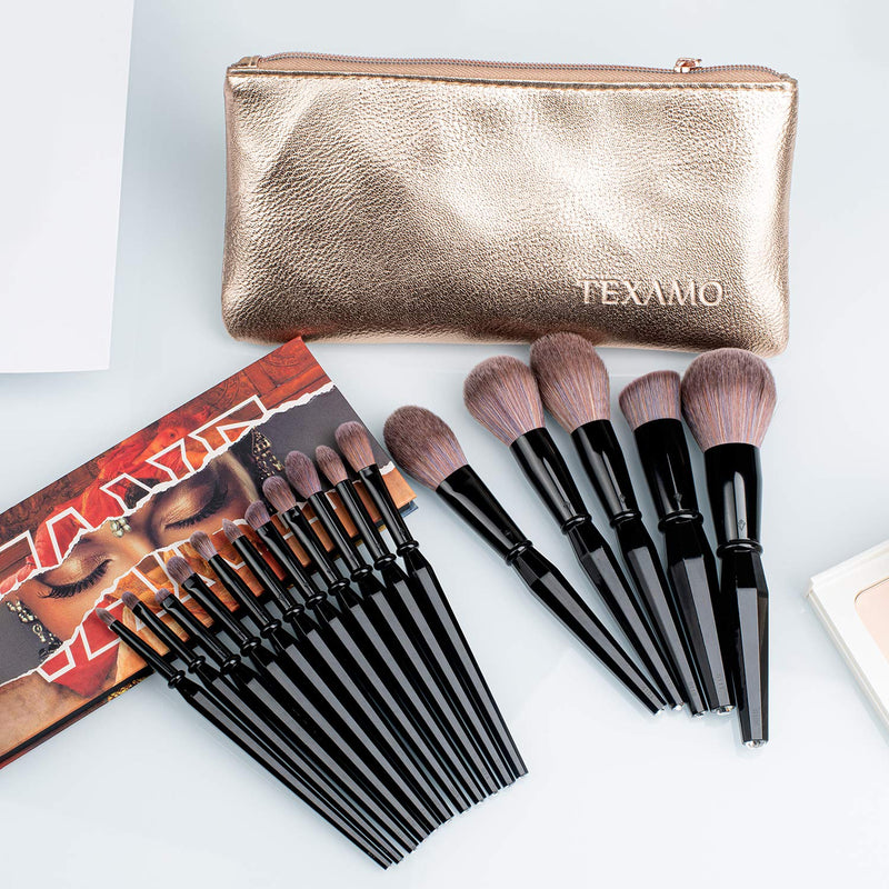 [Australia] - TEXAMO Professional Makeup Brush Set for Powder, Kabuki, Foundation, Highlighters, Blush, Contour, Eye Shadows, Makeup Brush Kit with Travel Leather Case, Set of 16, Black 