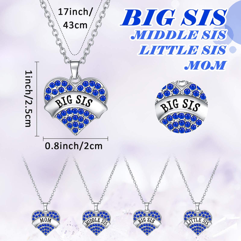 [Australia] - Hicarer 4 Pieces Big Sis Middle Sis Little Sis Mom Crystal Heart Shape Pendant Necklace Set Sister Family Jewelry for Sister Girls Kids Blue 