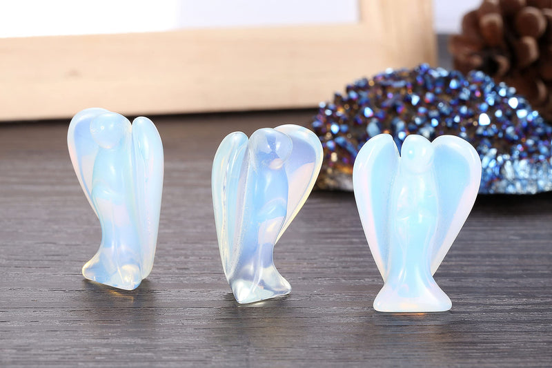 [Australia] - CrystalTears 2pc Caved Guardian Angel Natural Rose Quartz/Opalite Reiki Healing Statue Fengshui Figurine 1.5" 