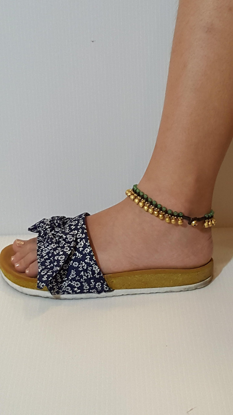[Australia] - Infinity Trendy Fashion Anklet Green Jade and Brass Bell Ankle Bracelet 10 Inches Woven with Wax Cord Beautiful Handmade Hippie Bohemian Style 