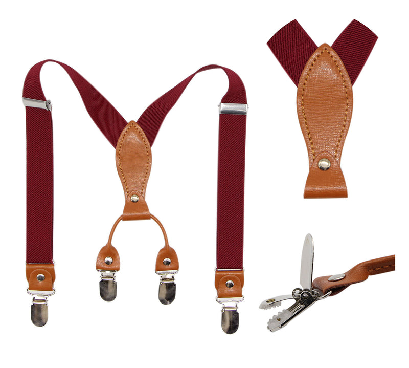 [Australia] - Suspenders & Bowtie Set for Kids and Baby - Adjustable Elastic X-Band Strong Braces Burgundy 