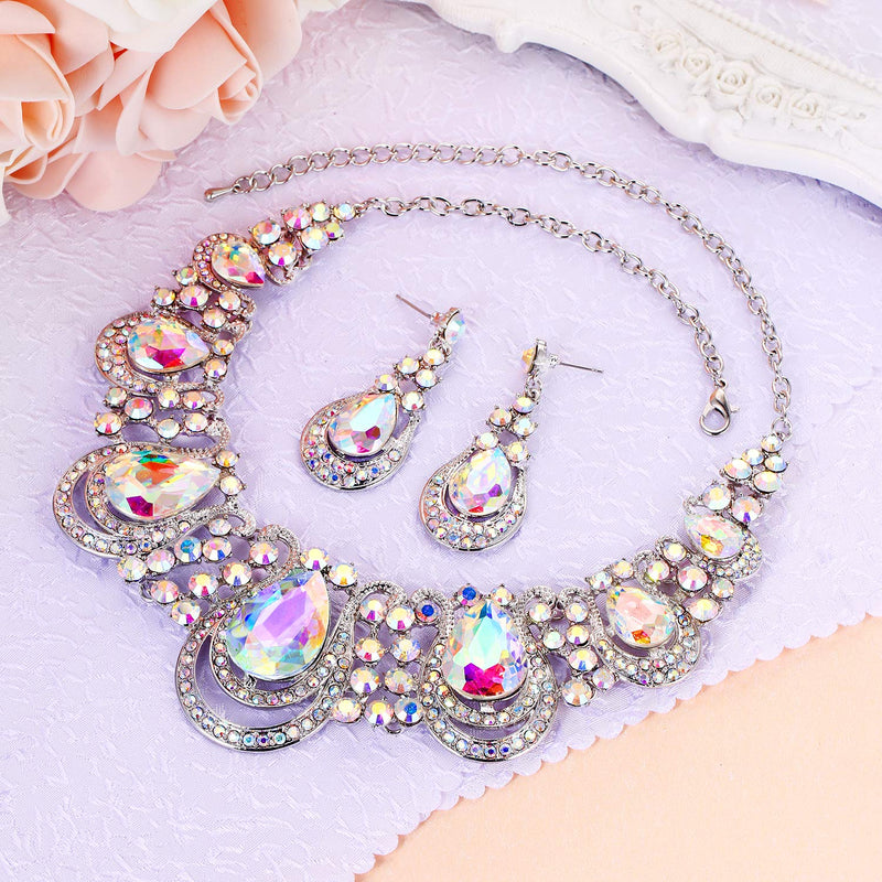 [Australia] - BriLove Women's Costume Fashion Crystal Teardrop Hollow Scroll Statement Necklace Dangle Earrings Set Iridescent AB Silver-Tone 