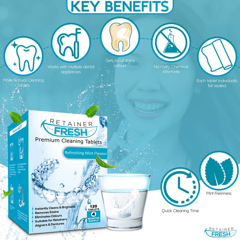 [Australia] - Retainer Cleaning Tablets - 120 Tablets 4 Months Supply Retainer Fresh, Brite, and Stain-Free - Retainer Cleaner Tablet, Invisalign, Mouth Guard, Dentures, Aligners 120 Count (Pack of 1) 