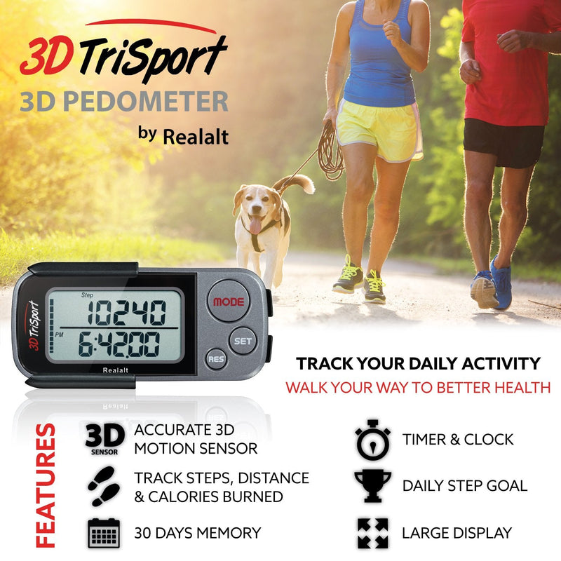 [Australia] - 3DTriSport Walking 3D Pedometer with Clip and Strap, Free eBook | 30 Days Memory, Accurate Step Counter, Walking Distance Miles/Km, Calorie Counter, Daily Target Monitor, Exercise Time. Grey/Black 