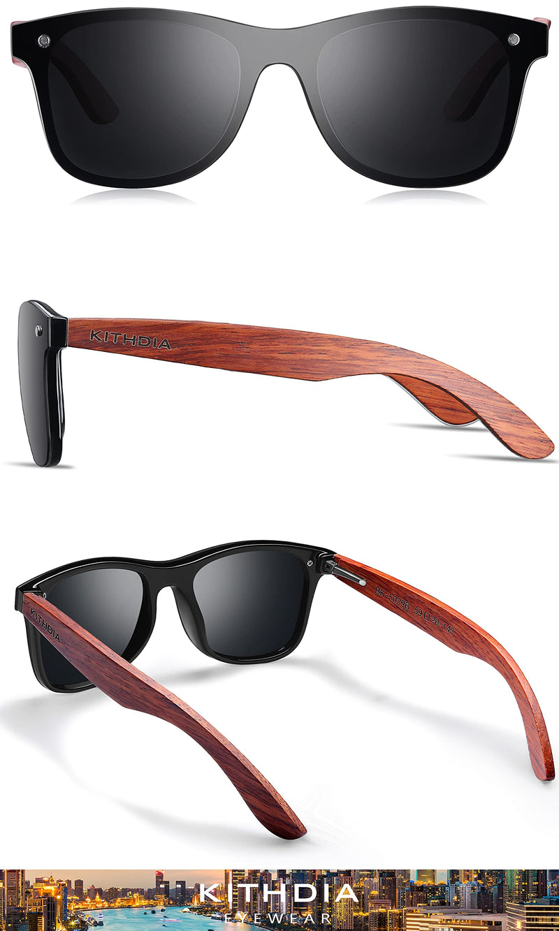 [Australia] - Kithdia Zebra Wooden Bamboo Sunglasses Polarized for Men and Women - Wood Temples Sunglasses S5029 Black/Red Wood Temples 