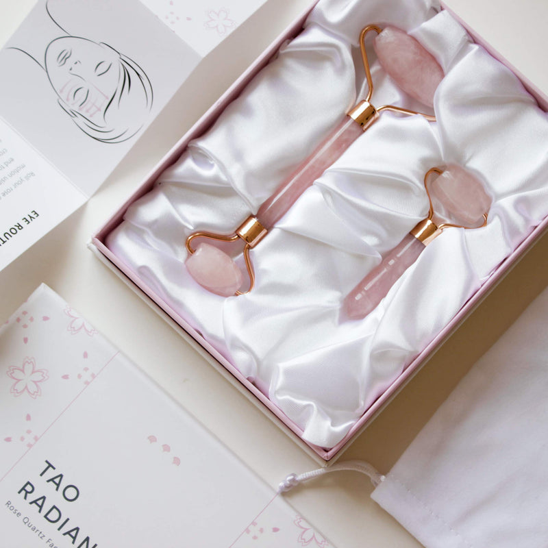 [Australia] - Tao Radiance Pink Jade Roller Set With 2 Rose Quartz Beauty Rollers For Reducing Eye Bags, Forehead Lines, Puffiness and Dark Circle Eye Treatment 