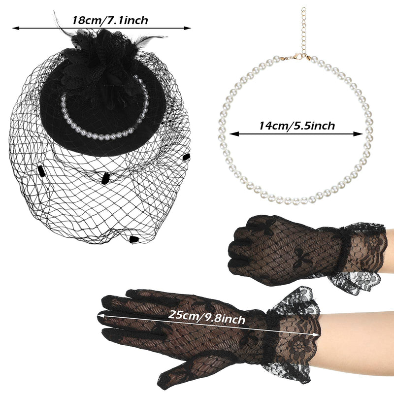 [Australia] - Women Faux Feather Veil Fascinator Hat 1950s Vintage Pillbox Mesh Feathers Hair Clip, Short Lace Gloves and Round Imitation Pearl Necklace for Tea Party Wedding Costume 