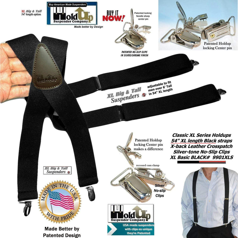 [Australia] - Holdup Classic Series Basic Black XL Big and Tall X-back Suspenders with Patented No-slip Silver Clips 