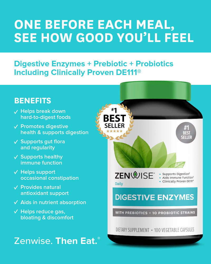 [Australia] - Zenwise Digestive Enzymes Probiotics and Prebiotics - Digestion and Bloating Relief for Women and Men, Lactose Absorption with Amylase & Bromelain, 100 Count 