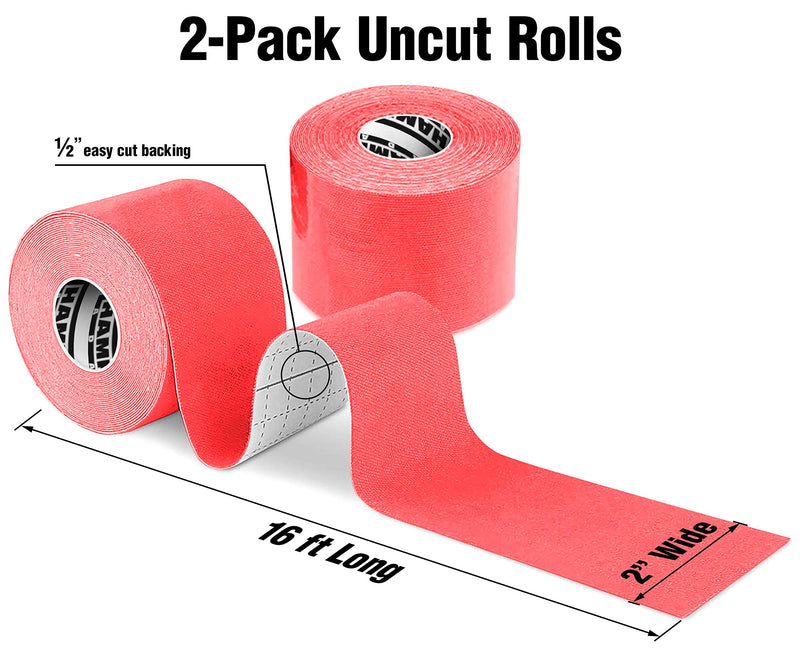 [Australia] - (2 Pack) Kinesiology Tape for Physical Therapy Sports Athletes – Latex Free Elastic, 16ft Water Resistant Kinetic Uncut Kinesiology Tape for Knee Pain, Elbow & Shoulder Muscle - Red 2 Count (Pack of 1) 