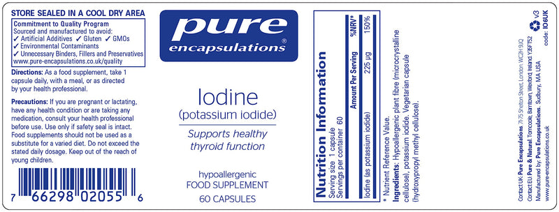 [Australia] - Pure Encapsulations - Iodine (Potassium Iodide) 225 UG - Hypoallergenic Supplement Supports Metabolism, Healthy Skin and Thyroid Function - 60 Vegetarian Capsules 