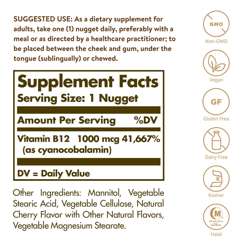 [Australia] - Solgar Vitamin B12 1000 mcg, 250 Nuggets - Supports Production of Energy, Red Blood Cells - Healthy Nervous System - Promotes Cardiovascular Health - Vitamin B - Non-GMO, Gluten Free - 250 Servings Nugget 