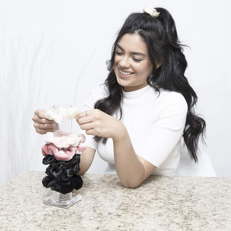 [Australia] - Acrylic Scrunchie Holder Stand | Scrunchie Organizer for Teen Bedroom Decor for Girls & Teen Girls Gifts | Hair Tie Organizer & Bracelet Holder INCLUDES Satin and Velvet Scrunchies 