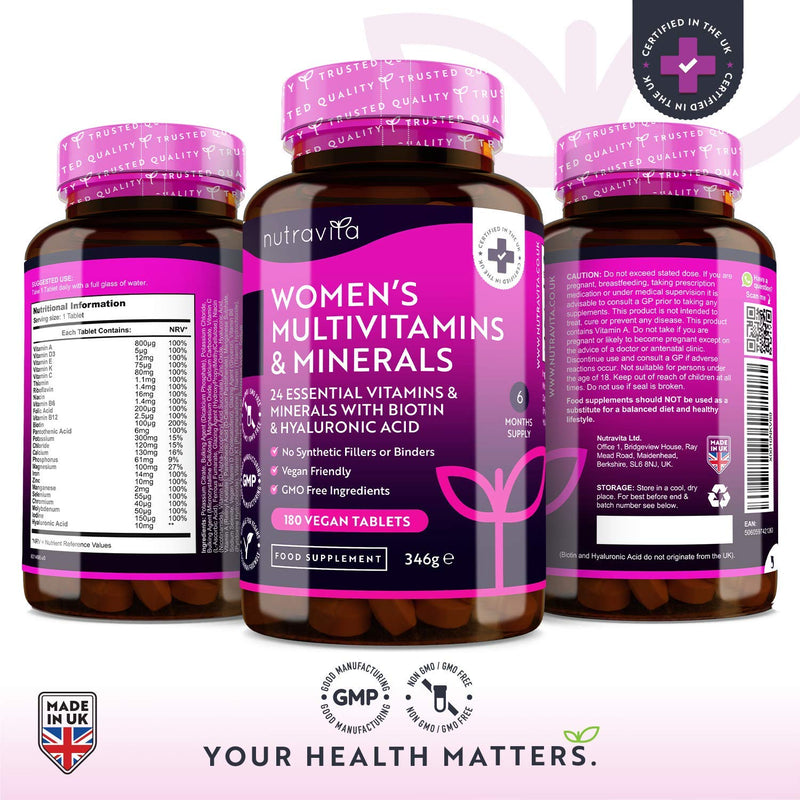 [Australia] - Women's Multivitamins and Minerals - 24 Essential Active Vitamins and Minerals with Added Hyaluronic Acid - 180 Vegan Tablets - No Synthetic Fillers or Binders - Made in The UK by Nutravita 