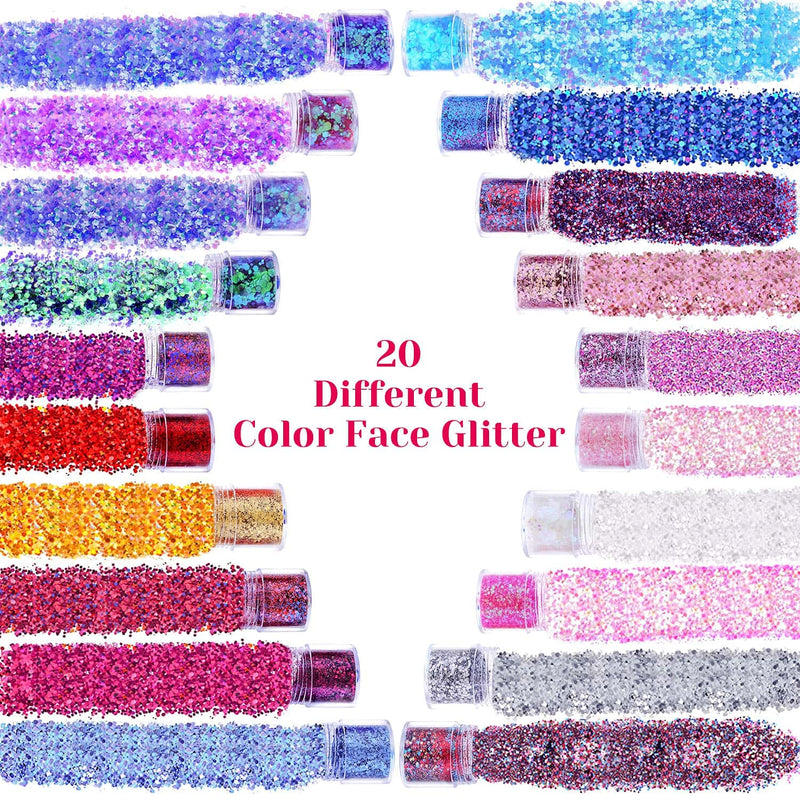 [Australia] - 200g Festival Glitter, Cridoz 20 Colors Eye Face Hair Glitter for Body Chunky Craft Glitter Makeup Cosmetic Face Painting Nails Art 